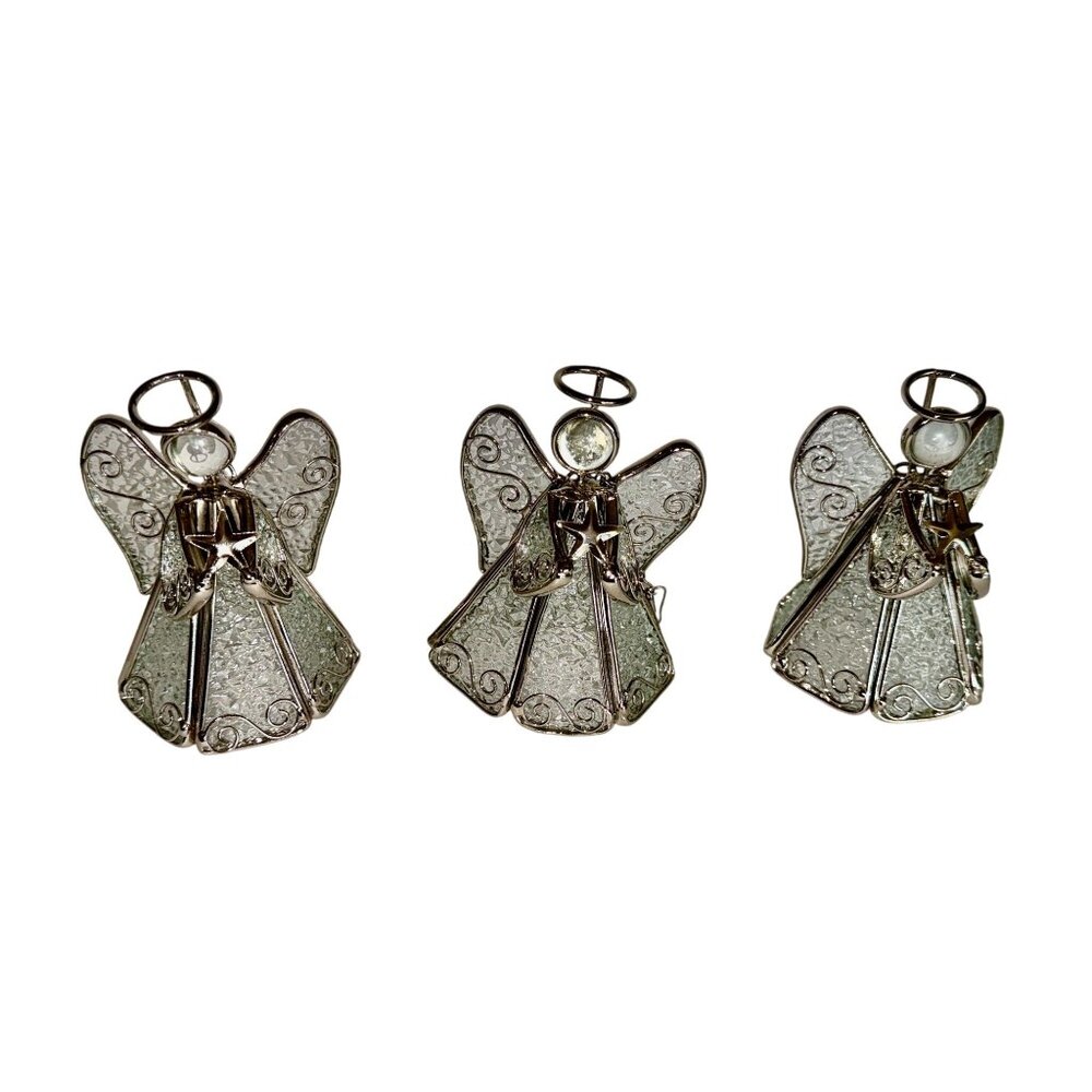 Set Of 3 Silver & Frosted Glass Angel Figurines Halo Star Christmas Ornaments